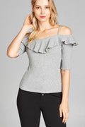 Elbow Sleeve Open Shoulder Ribbed Top w/ Ruffles - Grey